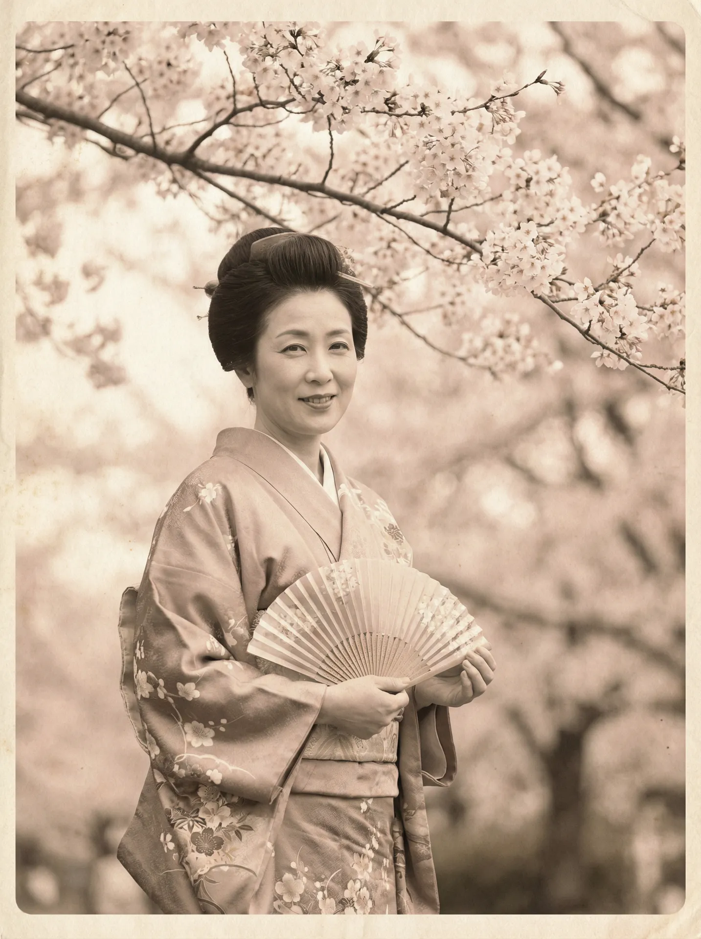 一位持扇的优雅 翔田千里 在樱花树下的复古写真
